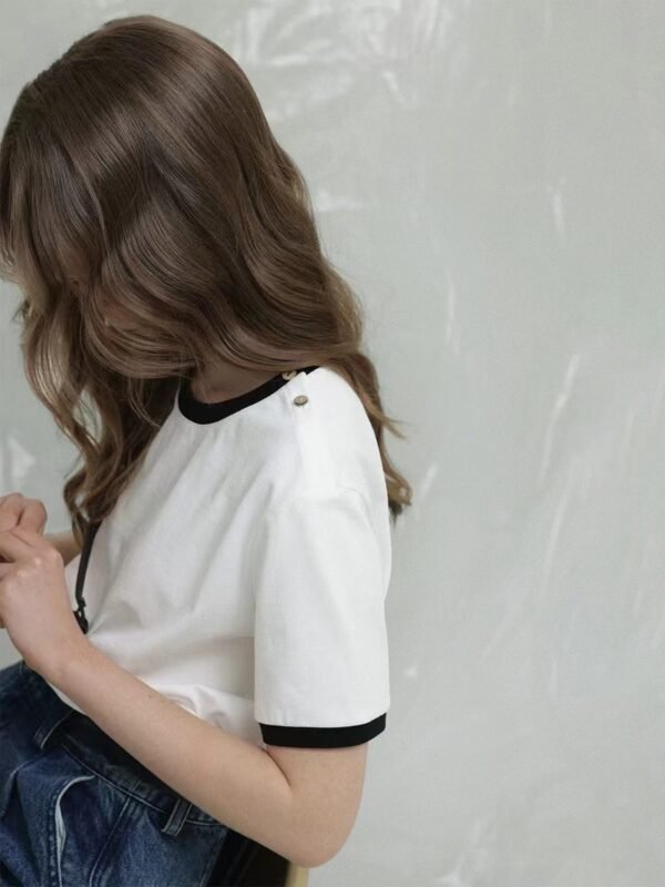 Summer Minimalist Pure Cotton Black and White Side Button Open Shoulder Short Sleeve T shirt for Women